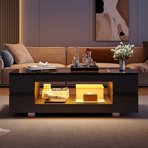 FammyLoft Coffee Table with Open Storage for Living Room, High Gloss Centre Table with Glass Tabletop, Sofa Side Table with LED, Tea Table, Home Office Furniture, 100 * 50 * 35cm, Black