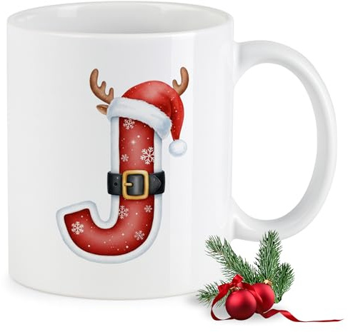 GRAZDesign Weihnachtstasse Buchstabe J Keramikbecher mit Initial im Weihnachtsmann Design – Monogramm Tasse mit Rentiergeweih & Nikolausmütze