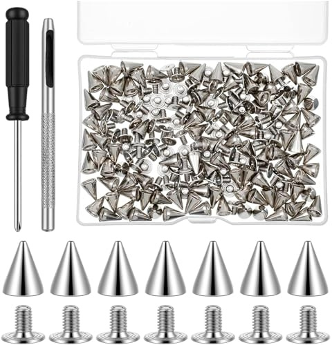 Mailfull Juego de 100 remaches plateados de metal punk cónicos de 7 x 10 mm, juego de remaches decorativos para manualidades, bolsos, ropa, zapatos, cuero