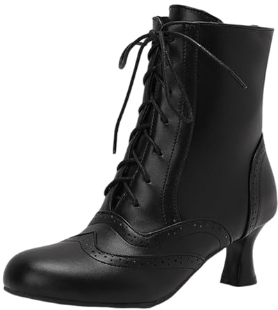 Jemnpela Stivaletti Donna Vittoriani con Tacco Kitten Stivali alla Caviglia Stringati con Zip Laterale Scarpe Vintage in Stile Granny per Matrimoni Feste a Tema Cosplay Gotico e Steampunk