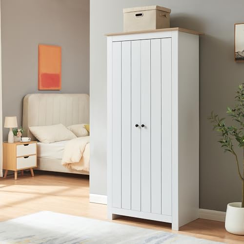 [en.casa] Kleiderschrank Trorjam Schrank 2 türig Schlafzimmerschrank 80 cm breit Garderobenschrank mit Kleiderstange 175 x 80 x 52 cm Weiß/Eicheoptik