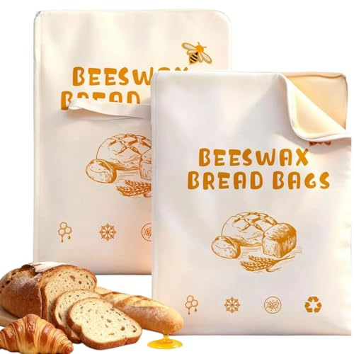 Qosigote Sacs À Pain Premium 100% Coton Et Cire D’Abeille, Réutilisables Sac À Pain en Cire d'abeille pour Fraîcheur 3X Plus Longue, Sac A Pain avec Zippée, pour Baguette, Fruits, Légumes (C)