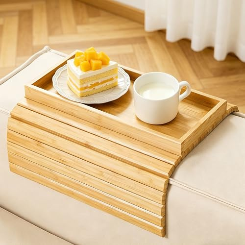 HuaCommerce Faltbares Sofatablett Armlehne – Rutschfestes Armlehnen Tablett aus Bambus für Couch & Sessel – Praktische Ablage für Snacks, Handy, Fernbedienung & Tassen
