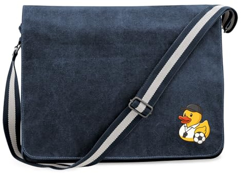 Huuraa Umhängetasche Quietscheente Fussball-Trainer Gummiente Coach 14 Liter Vintage Navy Canvas Laptoptasche Geschenkidee