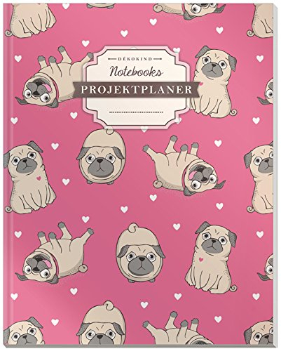 DÉKOKIND Projektplaner | DIN A4, 100+ Seiten, Register, Kontakte, Vintage Softcover | Für über 50 Projekte geeignet| Motiv: Mops Welpen