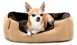 lionto Hundebett mit Wendekissen und Rutschfester Unterseite, Robustes Heimtierkissen mit tiefem Einstieg für Hunde und Katzen jeden Alters, 50x37 cm, kuscheliges Hundekissen, beige/braun