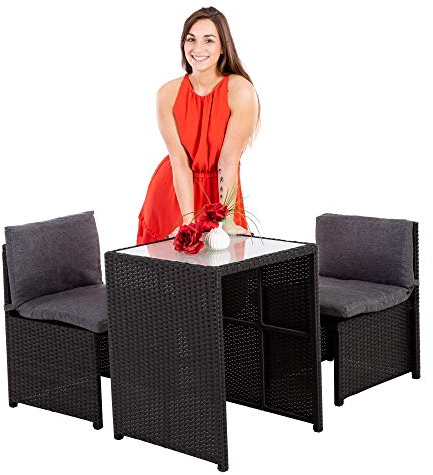 Raburg Balkonmöbel-Set, Polyrattan, Gartenmöbel 3-tlg. inkl. Kissen, Balkonmöbel kleiner Balkon, Tisch mit 2 Stühlen, zusammen schiebbar, kleines Balkonset platzsparend, Hannah, Grau/Schwarz