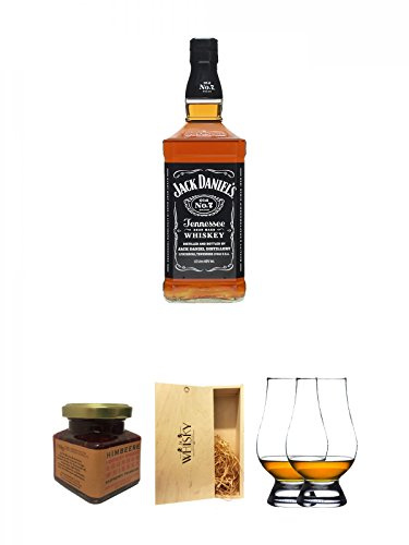 Jack Daniels Black Label No. 7-1,0 Liter + Kentucky Bourbon Himbeer-Marmelade 150 Gramm Glas + 1a Whisky Holzbox für 2 Flaschen mit Schiebedeckel + The Glencairn Glass Whisky Glas Stölzle 2 Stück