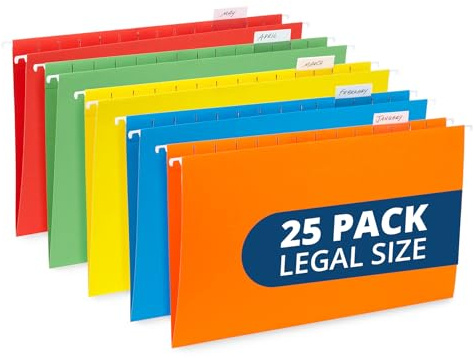 Blue Summit Supplies Carpetas colgantes, 25 carpetas reforzadas para colgar, diseñadas para la organización de archivos codificados por colores en el hogar y la oficina, tamaño legal, colores
