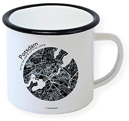 Potsdam Retro Emaille Design Tasse Becher, Stadtplan in 5 Farben, Home Office Büro Zuhause Garten, Schwarzer Tassenrand