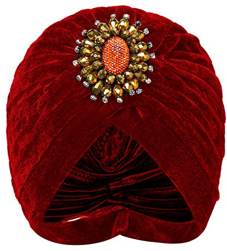 BABEYOND Damen Turban Hut mit Kristall Brosche 1920s Haarband Exotisch Retro Indischer Turban Hut Damen Fasching Kostüm Accessoires (Weinrot)