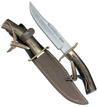 Muela Cuchillo de caza GRED-16 con hoja de acero inoxidable MoVa de 16 cm y empuñadura de madera de olivo para Caza, Pesca, Supervivencia y Bushcraft + Portabotellas de regalo