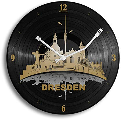 Kreative Feder Dresden Music Schallplatten-Uhr Retro Vinyl Designer Wanduhr leise ohne Ticken 30cm (Dresden Music, leises Quarzuhrwerk)