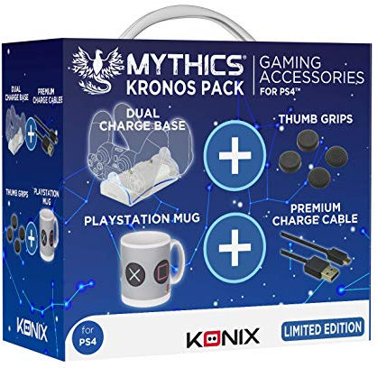 Konix Mythics Pack d'accessoires Gaming Kronos pour Console PS4 - Station de Charge manettes - Appuie-Pouces joysticks - Câble - Mug