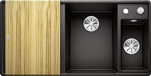 BLANCO AXIA III 6 S-F | Granitspüle aus SILGRANIT schwarz | Hauptbecken | [99x50x20,2 cm] | für 60 cm breite Unterschränke | mit Holzschneidbrett | Hauptbecken rechts | Einbauart: Flächenbündig