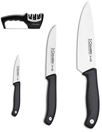 Hidalgo 3 Claveles Set Cuchillos, Verduras 9cm + Cocina 13,5cm + Cocinero 20 cm, línea EVO+ Afilador Cuchillos