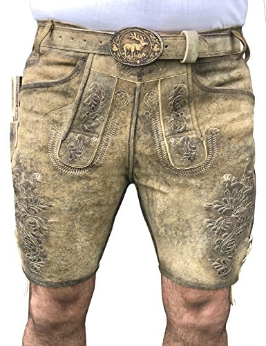 Royal Kurze Herren Lederhose Trachten Lederhosen mit beidseitigen Messertaschen und Leder Gürtel, Braun, Wildleder Gr 46-64 (60)