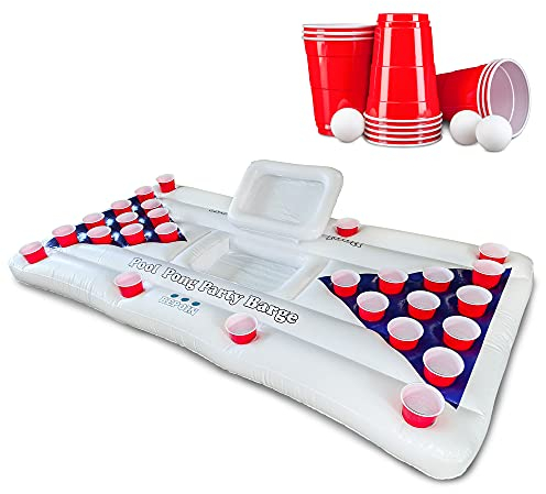 Bierpong Luftmatratze mit 24 Bechern, 4 Bällen und Getränkekühler – 180x80cm -Bierpong Pool – Pool Party Pong – Pool Spielzeug Erwachsene - Beerpong