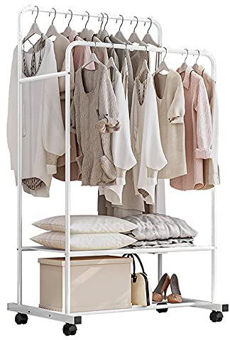 LINGOSHUN Metall Garderobenständer Bodenstehender Kleiderständer Rad Balkon Kleiderstangen Doppelstange Typ,Hochbelastbare Kleidergestell mit Regal/白色 / 80 * 51 * 160cm