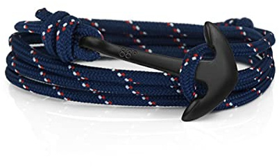 Eighty Eight Degrees Bracciale con Ancora in Corda per Uomo, Realizzato in Acciaio Inossidabile e Corda Resistente, Regolabile Fatto a Mano nel Regno Unito (Blu Navy a Righe & Nero)