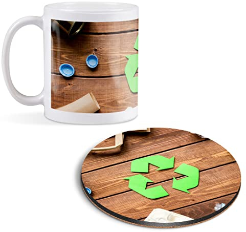 1 x 11oz (284ml) White Ceramic Mug Cup & 1 x Round Wooden Cork Coaster - Eco Recycling Symbol Sign Bins Design for Coffee Tea Drinks Kitchen Birthday Office #21487