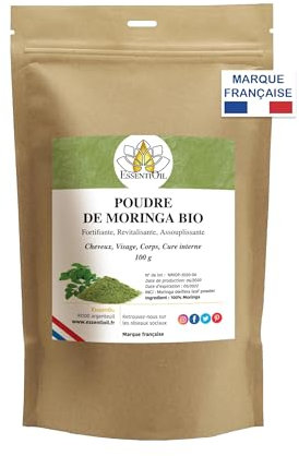 ESSENTIOIL Poudre de Moringa - 100% Naturel - Pousse des cheveux, Limite la chutte des cheveux, Purifie la peau, Réduit l'apparition des rides - Tous cheveux et peaux - 100g - Marque Française