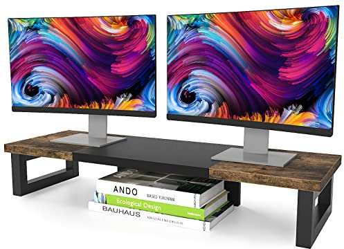 WESTREE Support pour double écran, support de moniteur en bois et acier, support pour 2 moniteurs, support de rangement de bureau multifonction pour ordinateur, ordinateur portable, imprimante, TV