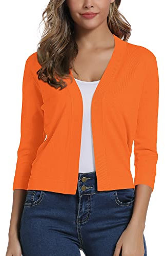 EXCHIC Femmes Elegant Manches 3/4 Ouvert Devant Boleros Cardigan Gilet (M, Orange)