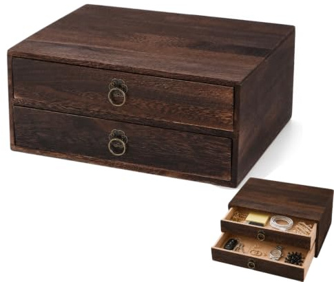 Zerodeko Schreibtisch Organizer Schubladen Holz mit 2 Schubladen, 25,5cm | Minikommode Massivholz Schubladenbox Retro für Büro Und Zuhause, Vintage Aufbewahrung Box