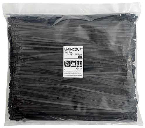 EMINCOUP Zip Ties 12 inch 1000 Pack Black, 50 lbs Tensile Strength, Self-Locking Nylon Cable Ties, UV Resistant Plastic Wire Ties for Indoor and Outdoor Use by