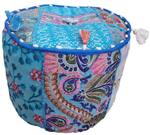 PUSHPACRAFTS Ottoman Pouf Indian Bohemian Style Interior Decor Footstool Floor Pillow Indian Embroidered Pouf Pouf Patchwork Chair Türkis Hellblau