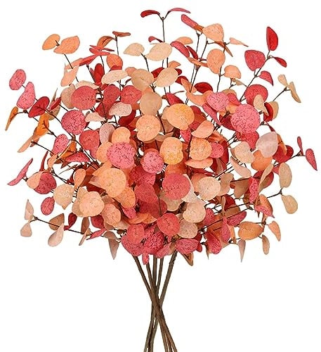 Beferr 5pcs Autumn Flowers Artificial Eucalyptus Stems for Fall Home Decor | Faux Autumn Leaves,Autumn Decoration,Eucalyptus Plant,Artificial Flowers In Door,for Fall Table Centerpieces Halloween Decor