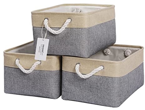 CREADARD Fabric Storage Basket Set of 3, Foldable Linen Storage Box for Nursery and Home, Collapsible Canvas Shelf Basket for Wardrobe or Bedroom, Grey and Beige