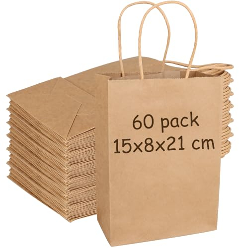 AKOLAFE 60 Stück Papiertüten mit Henkel 15x8x21 cm Geschenktüten Klein Braun Geschenktüten Papier Papiertüte Papiertaschen für Hochzeiten, Weihnachten