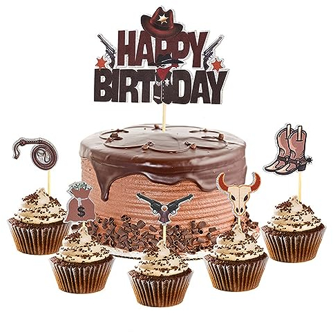 Guoguonb Cowboy-Kuchenaufsatz 1 Groß Happy Birthday Cake Topper und 15 Stück Cupcake Western Kuchen Topper für Cowboy Thema Geburtstagsparty