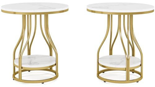 Tribesigns Beistelltisch Rund Weißgold 2er Set, 2-stöckiger Modern Nachttisch Sofa Beistelltisch mit Metallgestell für Wohnzimmer