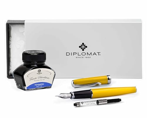 Diplomat Excellence A2 Yellow Fountain Pen with Writing Ink and Converter, Fountain Pen with Stainless Steel Nib Size M Fountain Pen Set