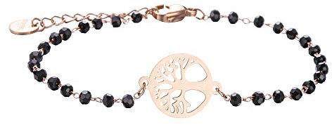 XIYINTA Bracelet d'arbre de vie pour femmes, bracelet en chaîne d'acier inoxydable plaqué or rose et argent, bracelet à breloques en perles de cristal noir (Or Rose)