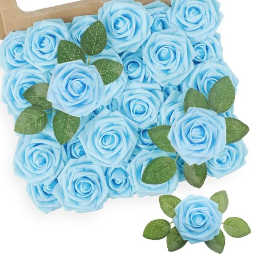 N&T NIETING Artificial Flowers Roses, 25pcs Real Touch Fake Roses with Stem | DIY Flowers for Wedding Bridal Bouquets, Mother's Day, Baby Shower, Home Decoration (Light Blue)