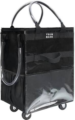 TOJNMAKE Wiederverwendbare Einkaufstasche mit Rollen, große schwarze | 8 Taschen, Reißverschlussabdeckung, faltbar, für Damen, Küche, Reisen, trägt bis zu 34,5 kg