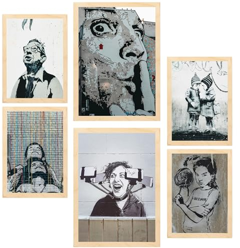 Nacnic-Set mit 6 Dekorative Malerei Schablonen-Graffiti, Straßenkunst voller Farbe. Anspruch auf Wandgemälde Gerahmtes Poster mit Illustrationen zur Dekoration der Wände A3 & A4 Leichter Holzrahmen