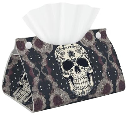 Lange Taschentuchbox-Abdeckung mit Totenkopf-Motiv für Yoga und Blumen, klassischer Leder-Tücherhalter für Badezimmer, Wohnzimmer, Tisch, Büro, und Auto