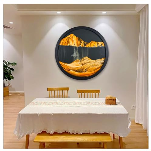 To.Heim Sandbilder Zum Drehen Wanddeko, Dynamisch 3D Sandbild mit 360 Paralleldrehung, Groß Sand Deko Rund Glas Natürliche Landschaft, Modern Deko Wohnzimmer Büro Schlafzimmer (44cm, Gelb + Schwarz)