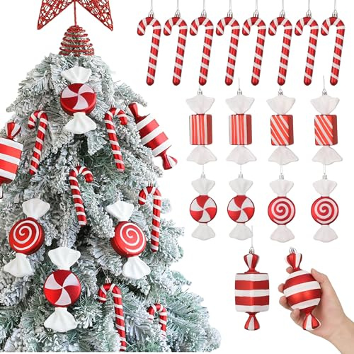 Enanal Red and White Christmas Ornaments, 14pcs Assorted Candy Cane Hanging Pendants for Christamms Tree Decorations Xmas Party Supplies (Red&White)