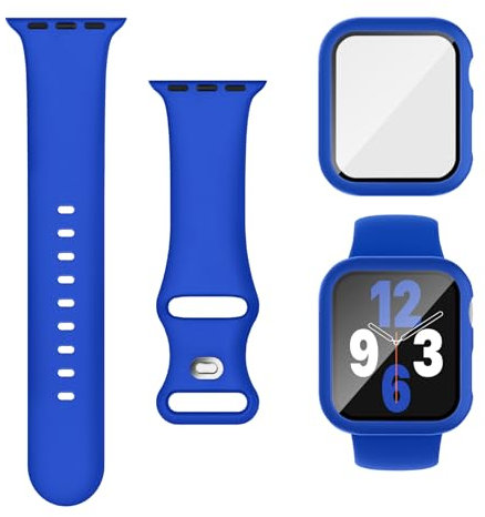 Joehwerr 3-in-1 Compatible for Apple Watch Straps 45mm with Case & Screen Protector, Silicone Sport Strap and Protective Cover with 9H Tempered Glass for iWatch Series 9/8/7, Kleinblue