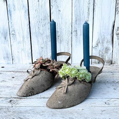 Deko Schuh Kerzenständer Grau 1 Paar Metall-Pumps 25x9x10 cm für Stabkerzen, grau gewischt, Tischdeko, Garten - Balkon Accessoire