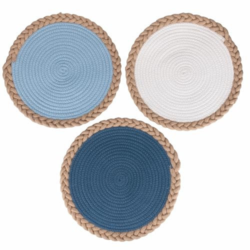 Villa d'Este Home Tivoli Set 3 Tovaglietta in policotone, cornice intrecciata in juta, Ø 38x1,5cm, Shades of Ocean