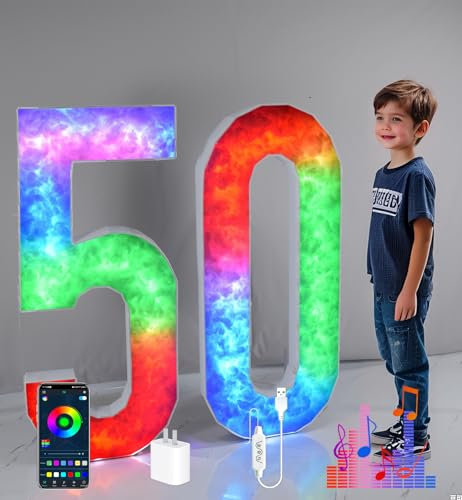 4FT Marquee Light Up Numbers 50 for Party Decoration, Colorful Large Mosaic Lighted Number with Weighted Water Bag Plastic Foam Board Set for Birthdays Weddings Baby Anniversaries