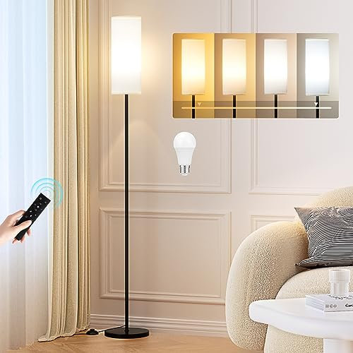 PreeOtti Lampada da Terra, Lampada Moderna con Telecomando, Dimmerabile in Continuo, 4 Temperature di Colore, Paralume in Lino, Lampada da Terra Vintage per Soggiorno Camera da Letto Ufficio