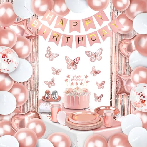 Geburtstagsdeko Rosegold für Mädchen Frauen, Geburtstag Party Deko mit Luftballons, Happy Birthday Girlande & Banner, Tischdeko, Pappteller, Servietten, Geburtstag Deko Frau 12 Gäste
